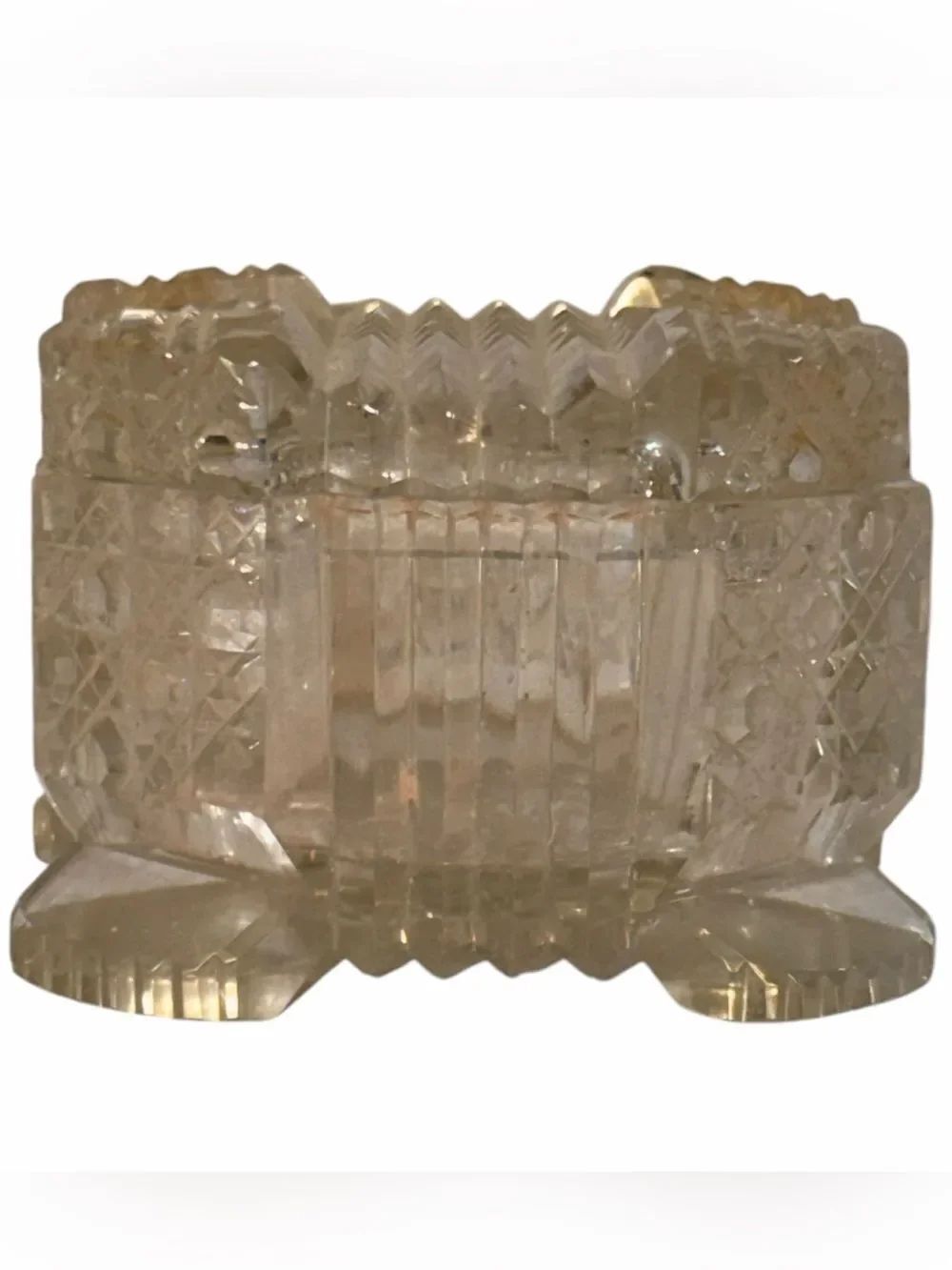 Vintage Crystal Trinket Box with Lid Square Footed Jewelry Vanity Candy Dish MCM